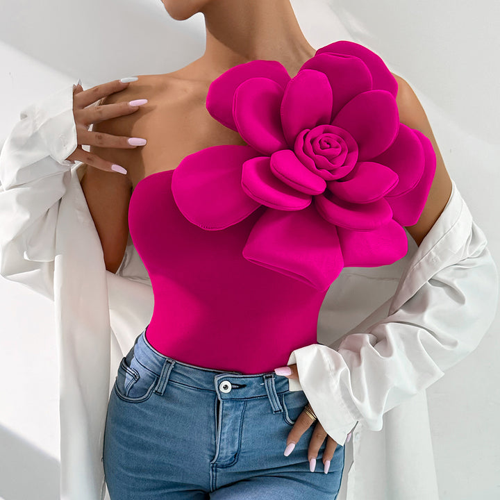 Pink One Shoulder Flower Attached Top