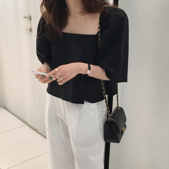 Black Sqaure Neck Side Button Down Top