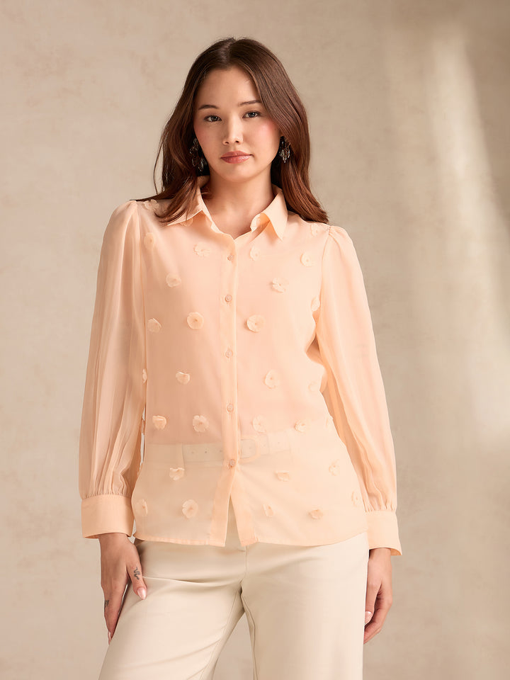 Peach Flowy Georgette Shirt With Applique Flower Embellishment