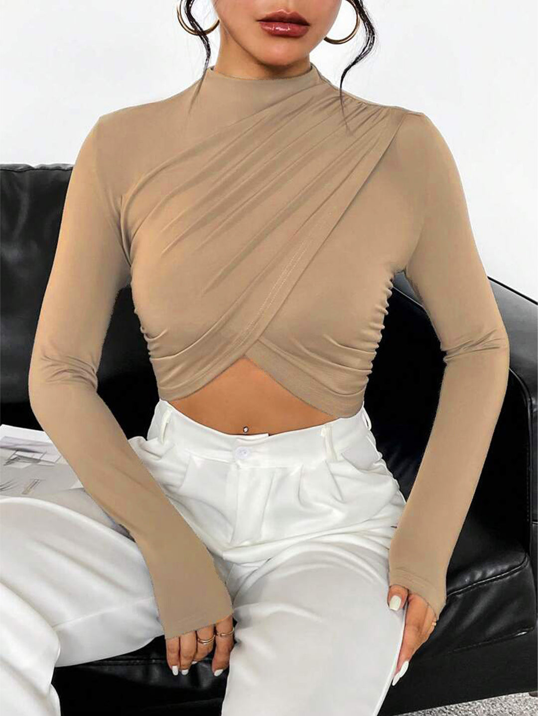Brown Full Sleeve Asymmetrical Top