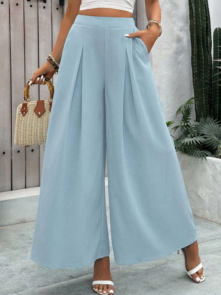 Blue Wide Leg Pleated Trouser