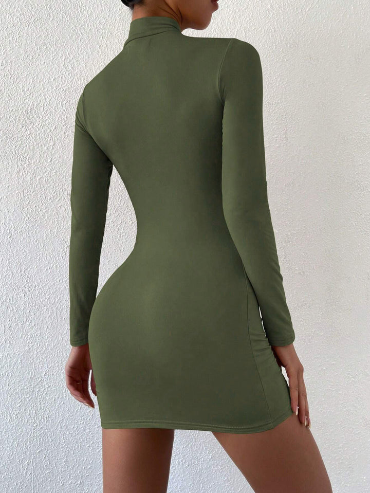 Olive Solid High Neck Fitted Mini Dress