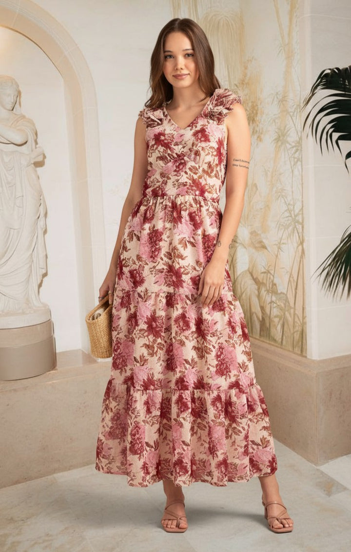 Multi Floral Printed Maxi Dress With Ruffle Detailing
