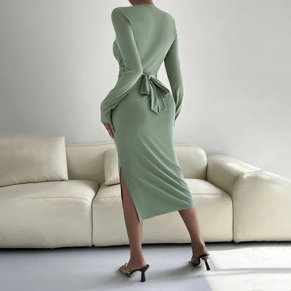Green Full Sleeve Front Twisted Dress