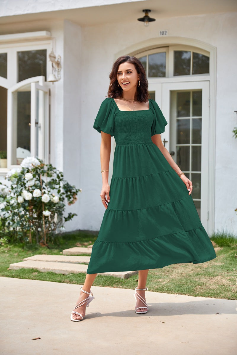Green Square Neck Puff Sleeved Tiered Dress