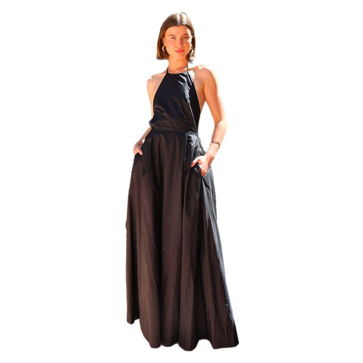 Black Solid Back Tie Up Dress