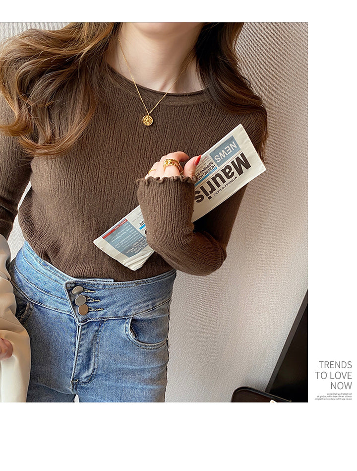 Brown Full Sleeve Scallop Hem Mock Neck Fitted Top