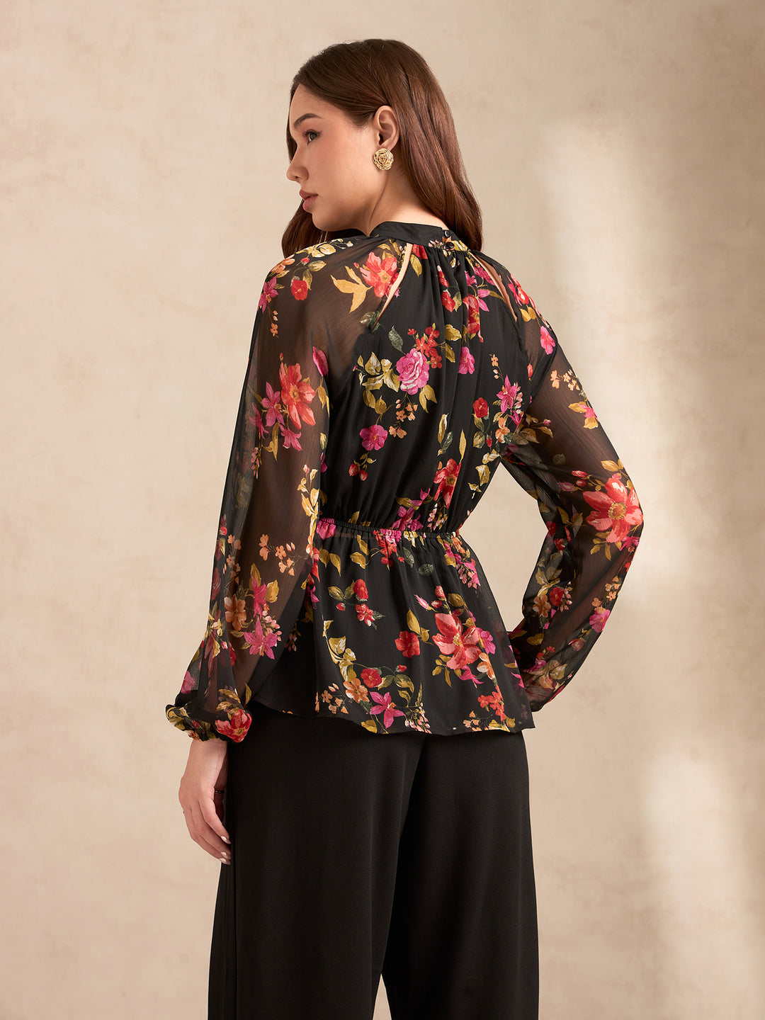 Black Floral Printed Blouse With Peplum Waist Detail