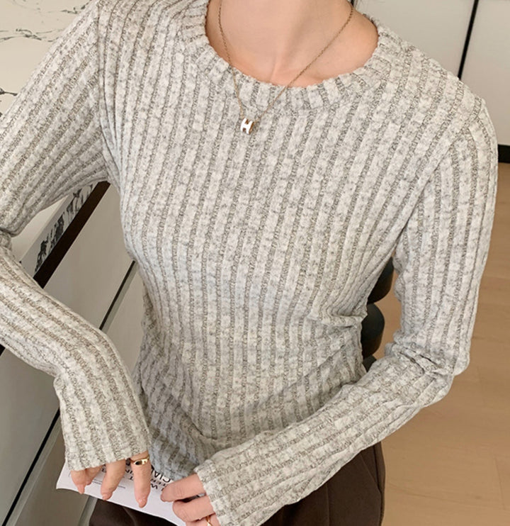 Grey Full Sleeve Crew Neck Fitted Top