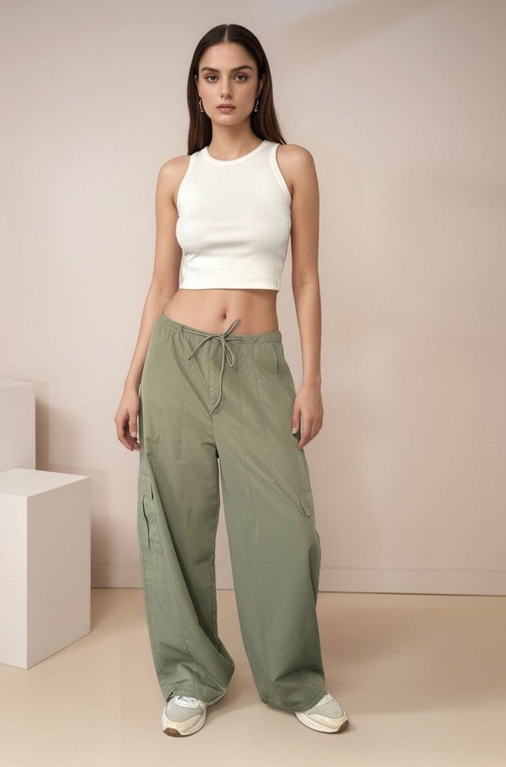 Olive Cargo Pockets Drawstring Wid Leg Trouser
