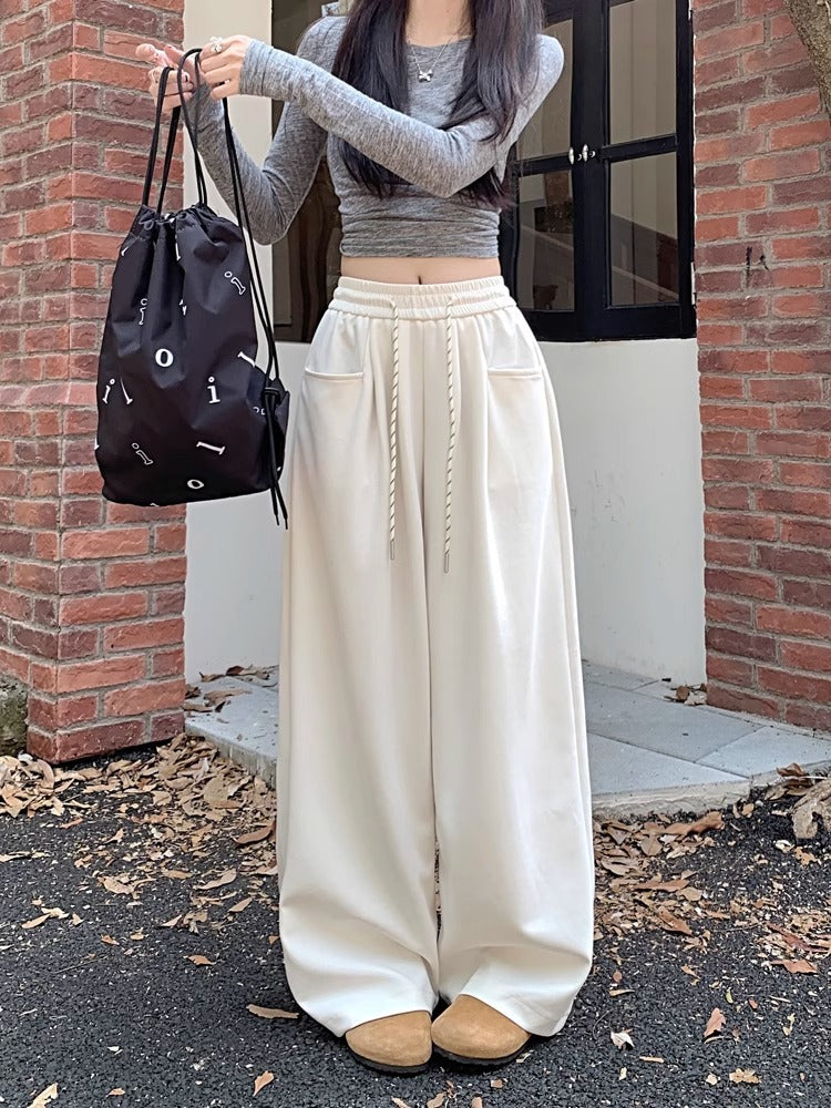 Cream High Waist Attached Drawstring Pant