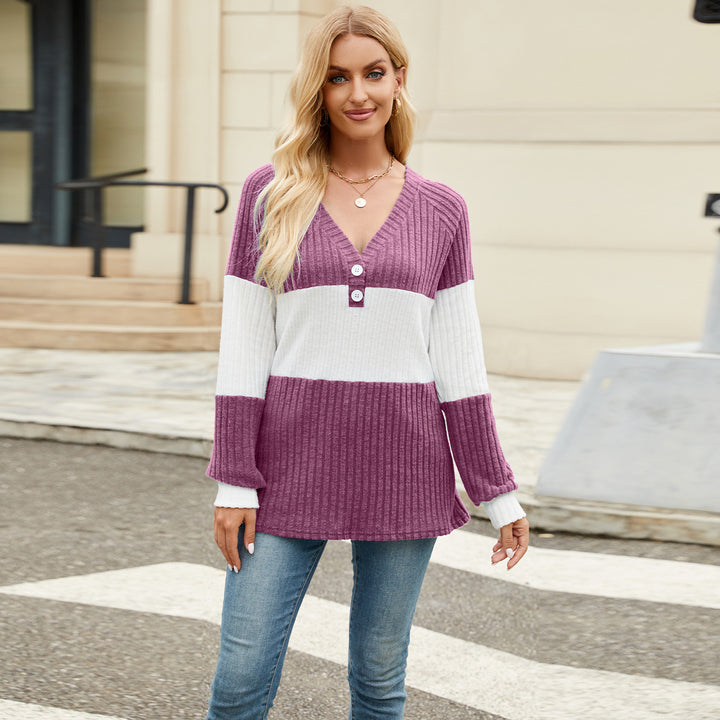 Magenta Full Sleeves Color Block V Neck Top