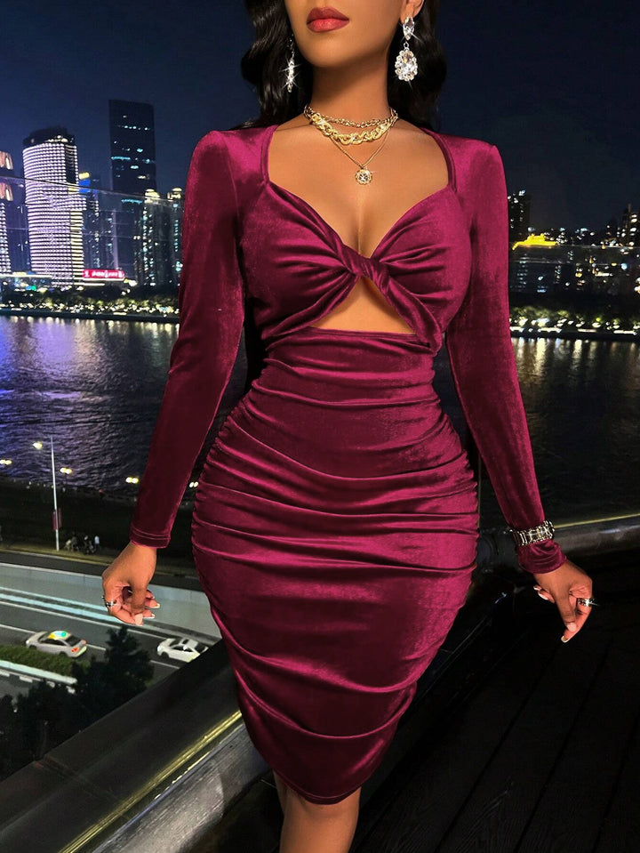 Wine Centre Knot Detail Velour Dress