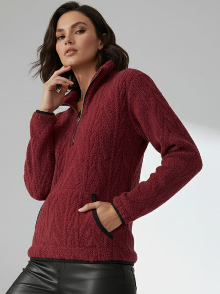 Wine Zip Up Collared Textured Sweater With Pockets
