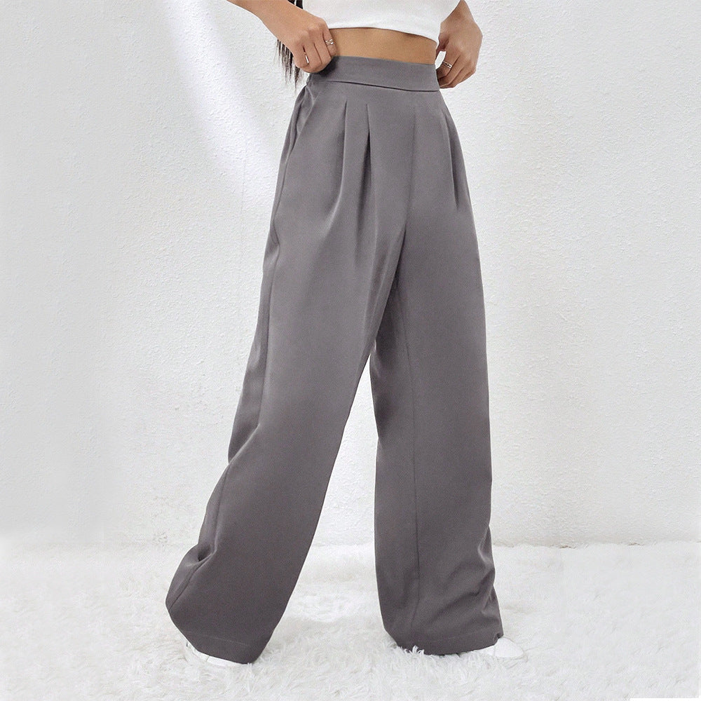 Grey Flat Waistband Pleated Trouser