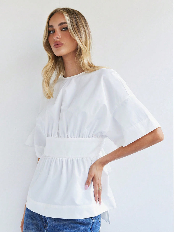 Beige Back Plunge Neck With Bow Detailing Top