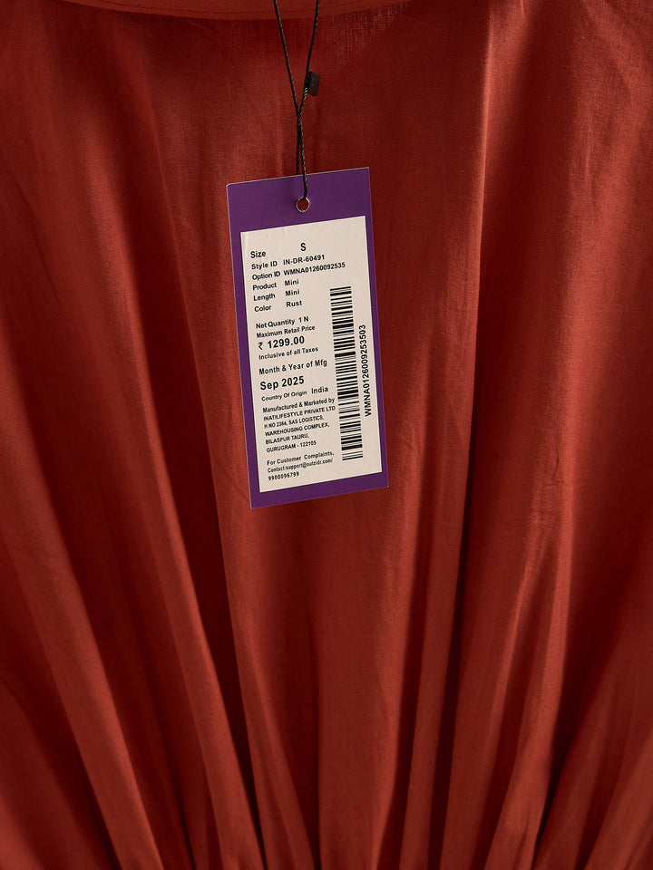 Rust Dolman Fit Printed Shirt Dress With Belt Detail