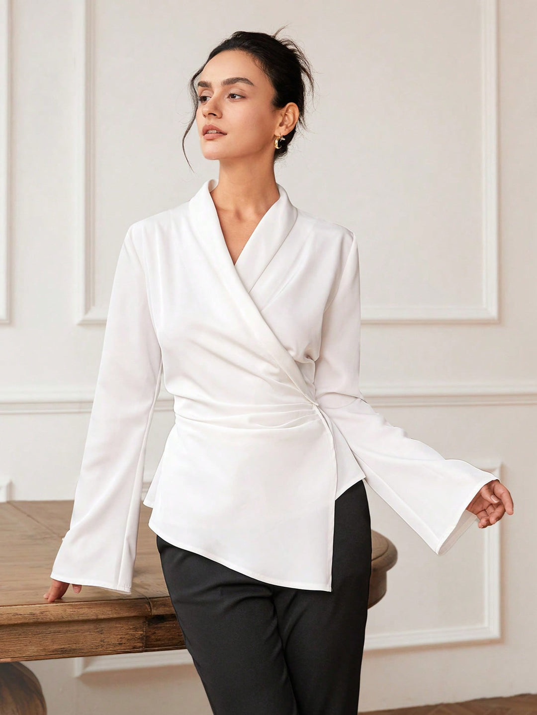 White  Bell Sleeve Wrapped Detail Top