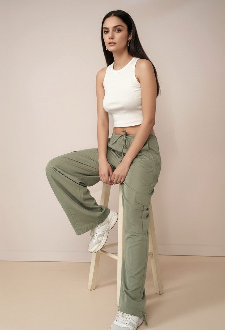 Olive Cargo Pockets Drawstring Wid Leg Trouser