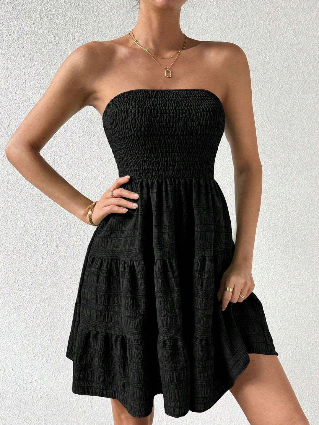 Black Front Ruched Tiered Dress
