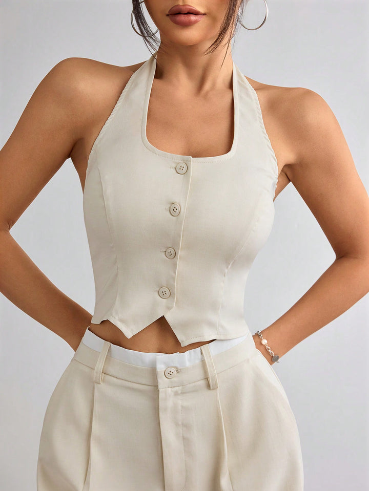 Off White Halter Neck Fitted Vest
