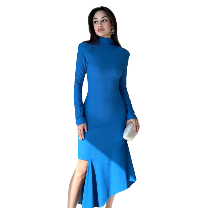 Blue High-Neck Dress With Slit