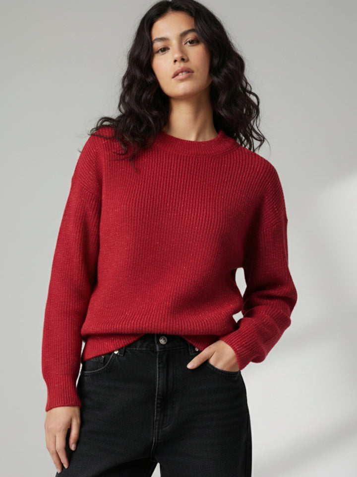 Red Full Sleeve Crew Neck Slouchy Sweater