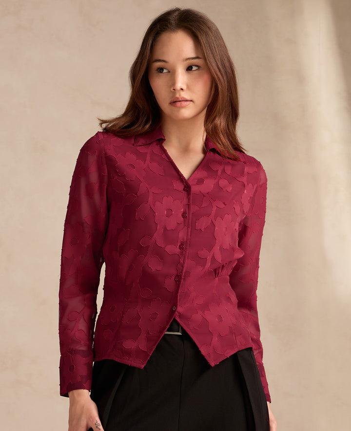 Red Regular Fit Long Sleeves Shirt In Jacquard Fabric