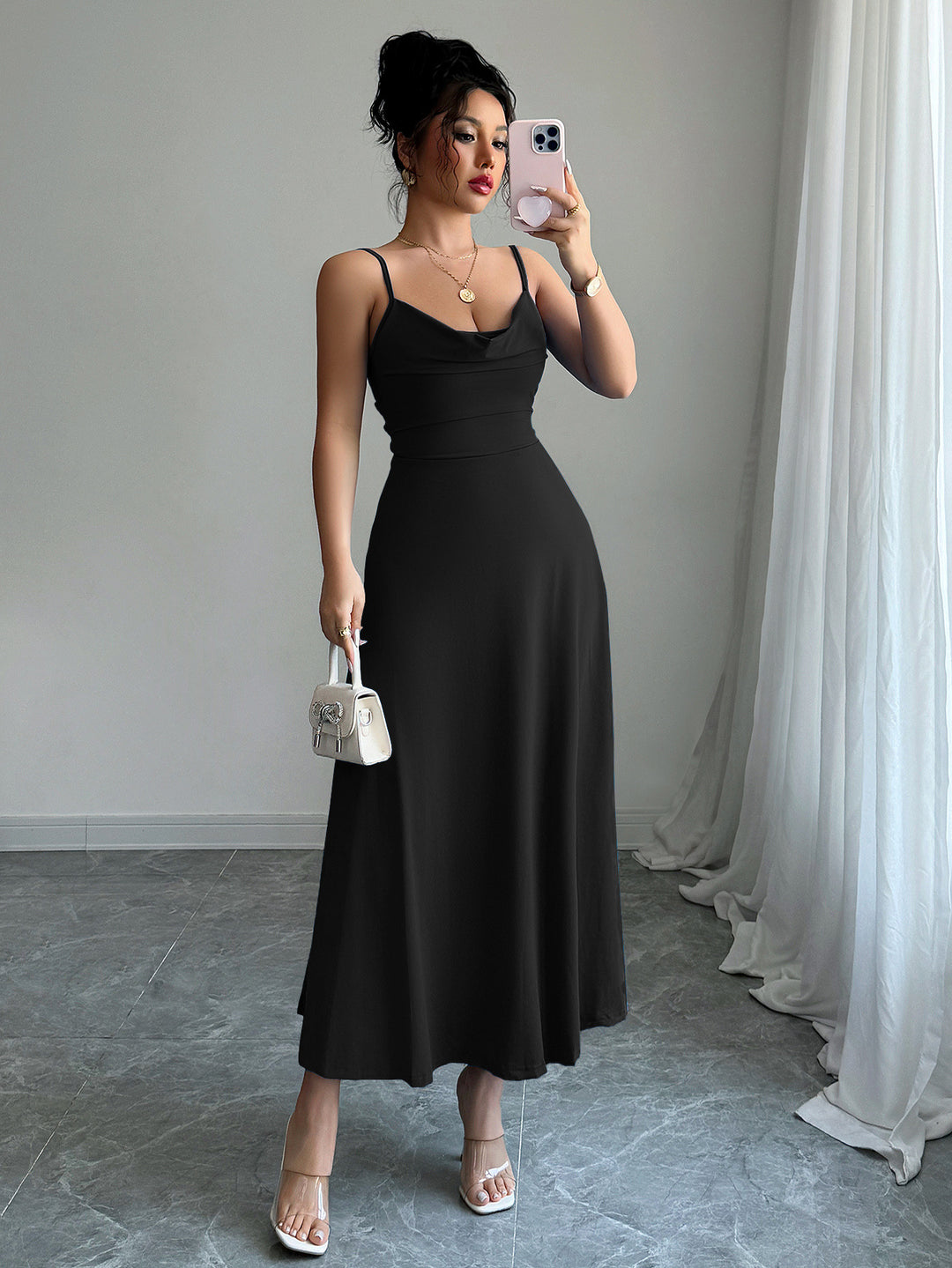 Shop Black Cowl Neck Cinched Fit & Flare Dress - for Women | OUTZIDR