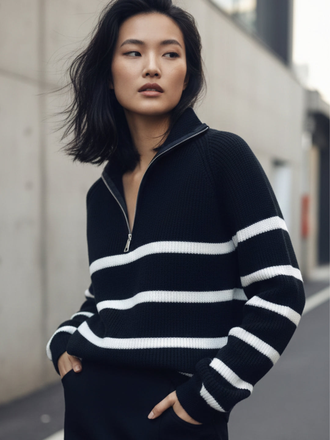 Black Full Sleeve Striped Half Zip Sweater