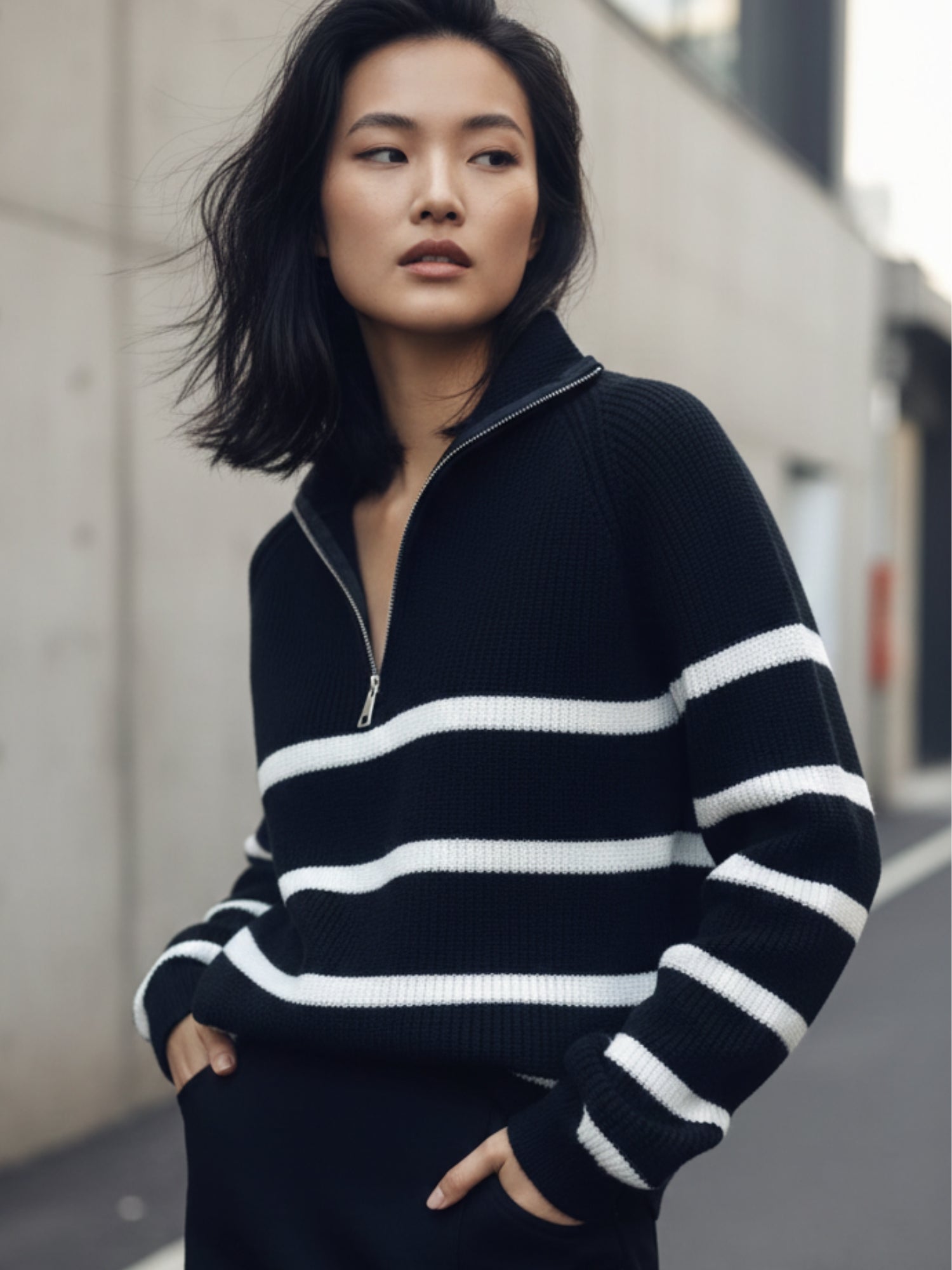 Black Full Sleeve Striped Half Zip Sweater