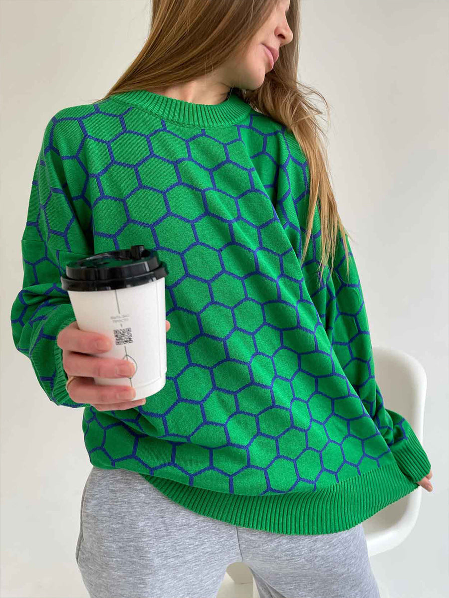 Green Oversized Honey Comb Printed Sweater