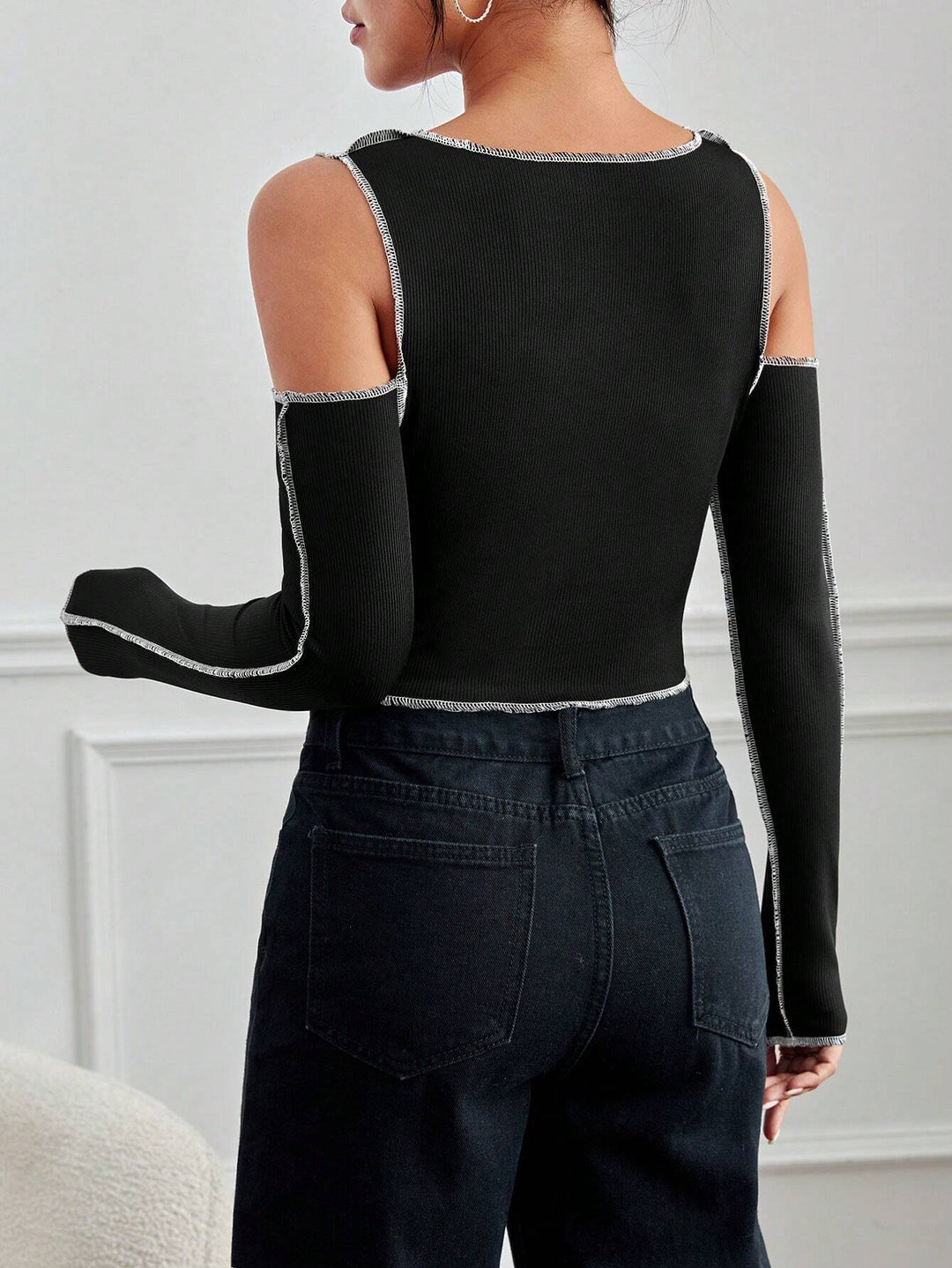 Black Contrast Seam Cold Shoulder Top
