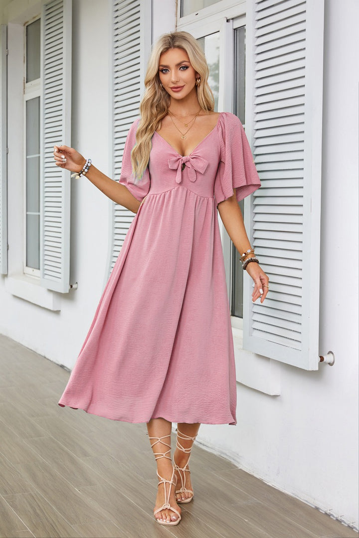 Pink Flutter Sleeved Bow Detailed Neck Dress