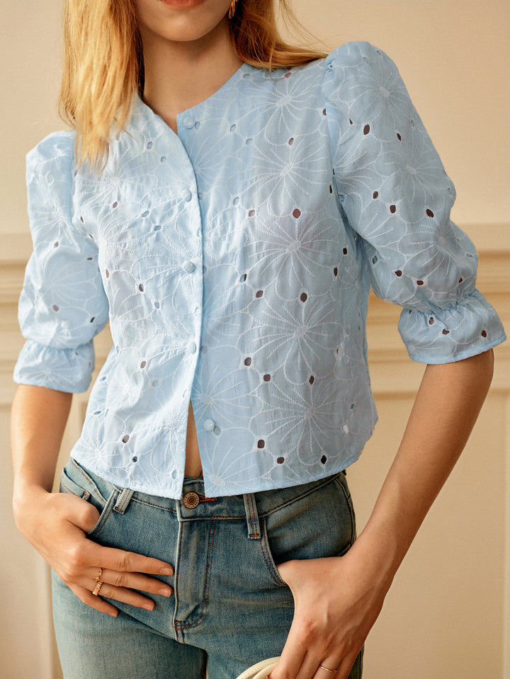 Blue Puff Sleeved Schiffli Top