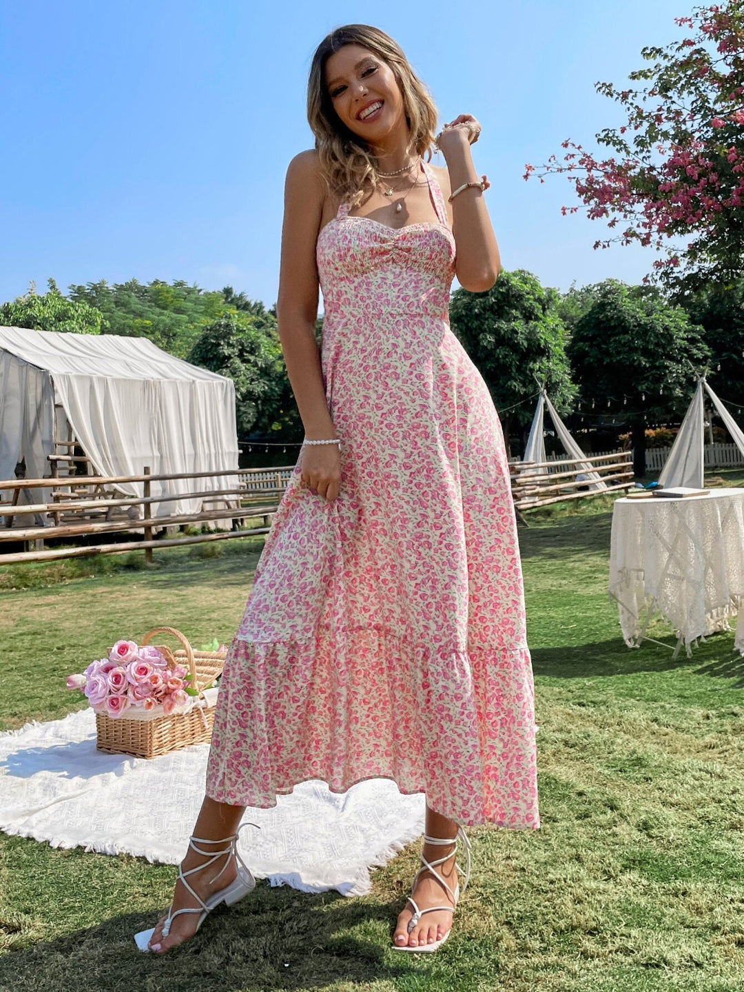 Pink Halter Neck Printed Dress