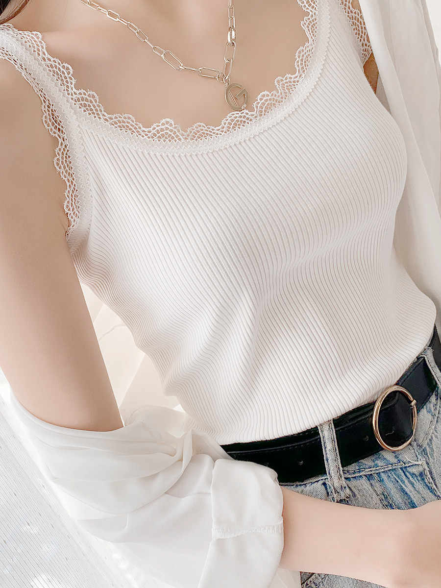 White Shoulder Strap Lace Trim Top