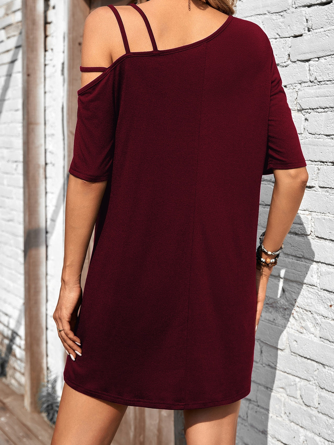 Red One Shouolder Tshirt Dress With Strap Highlight