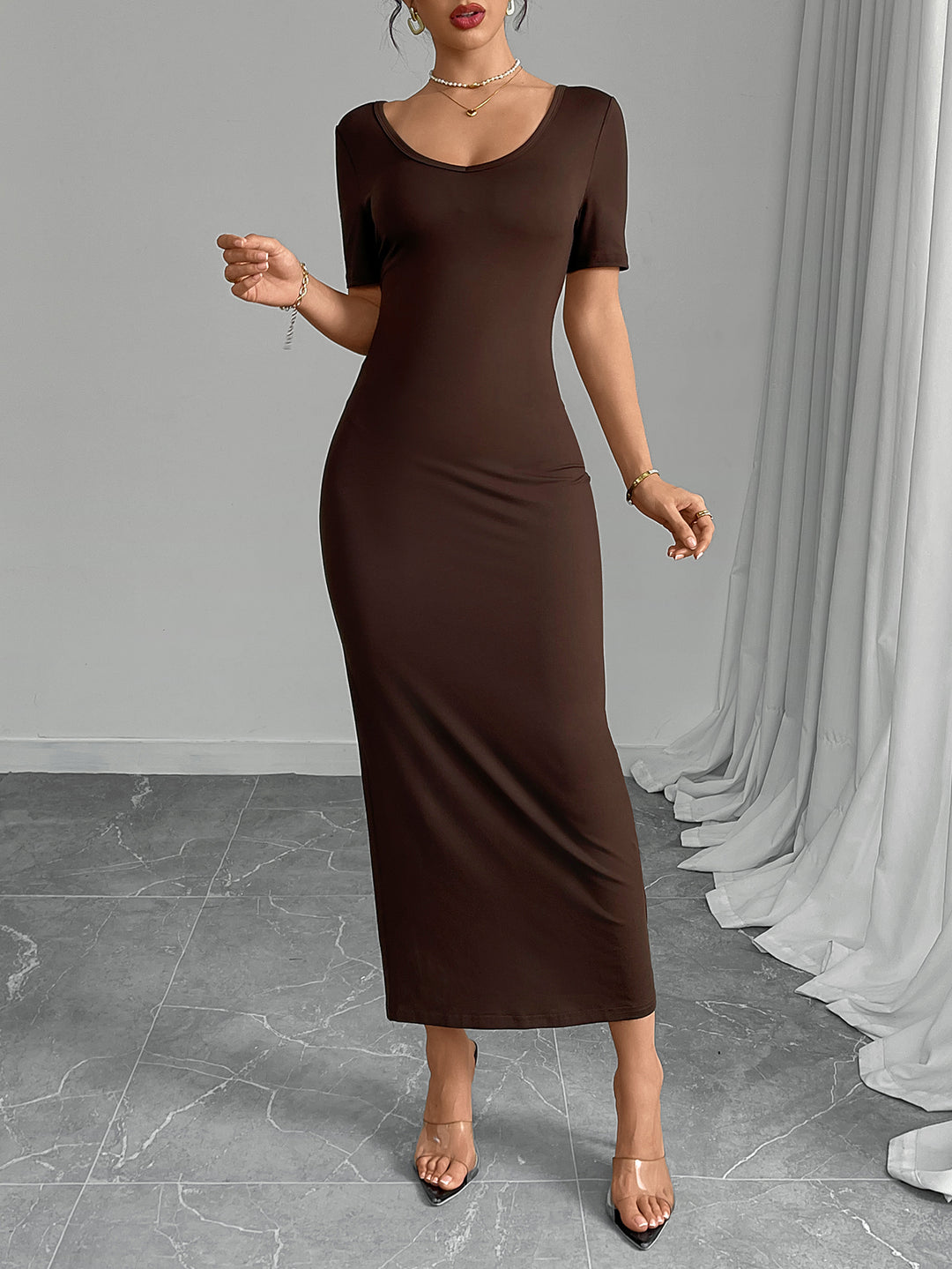 Brown Round Neck  Dress