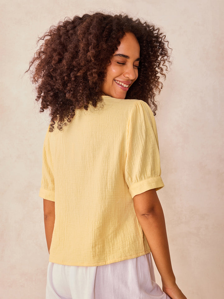 Yellow Front Buttoned Top With Waist Ruching
