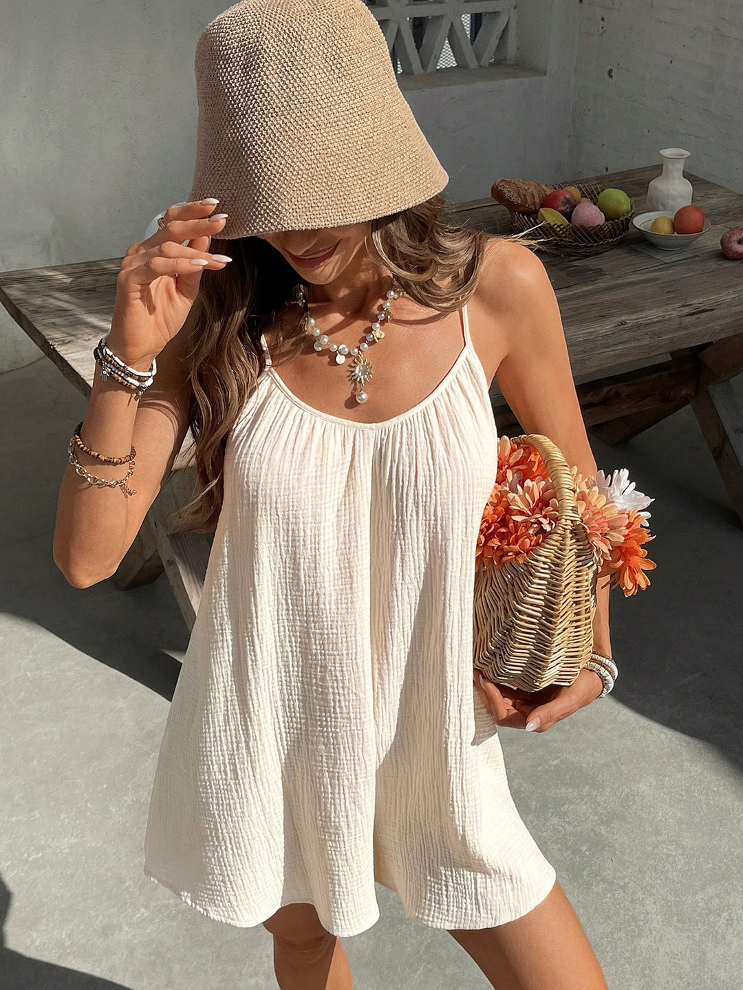 Beige Strappy Flowy Mini Dress