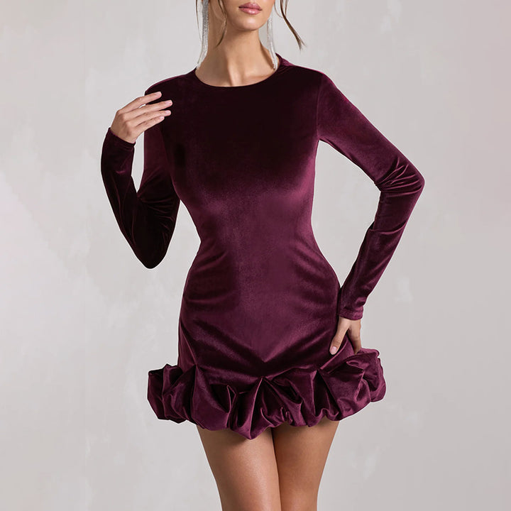 Purple Velour Ruffled Hem Dress