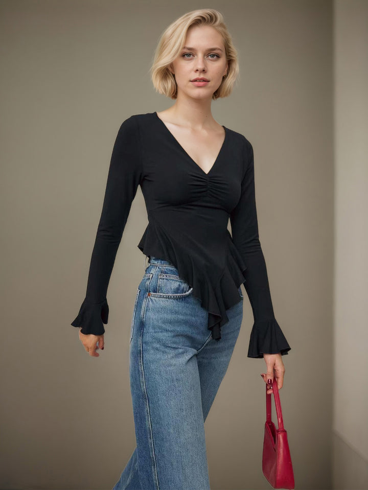 Black V-Neck Ruffle Hem Top