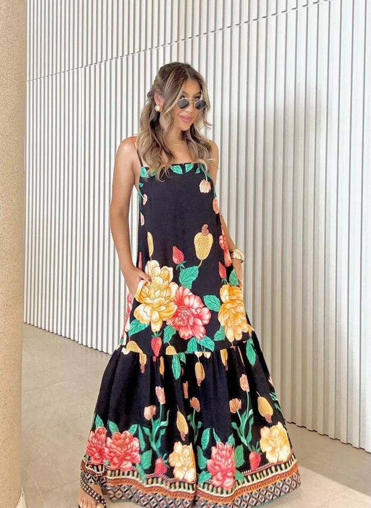 Navy Blue Spaghetti Strap Floral Printed Dress