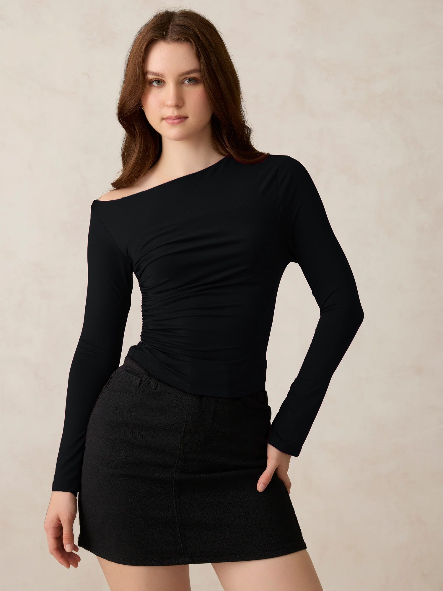 Black One Side Off-Shoulder Ruched Top