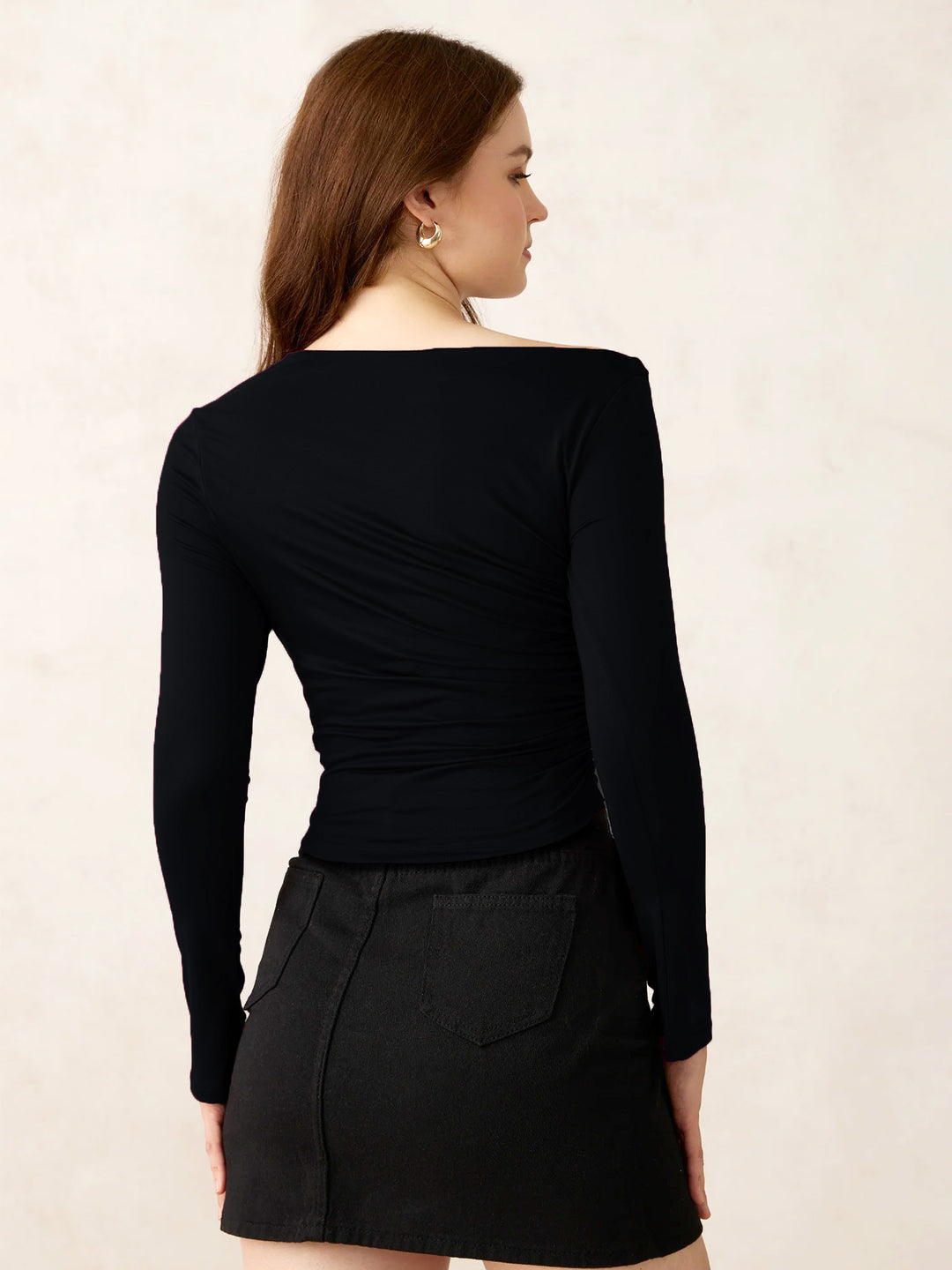Black One Side Off-Shoulder Ruched Top