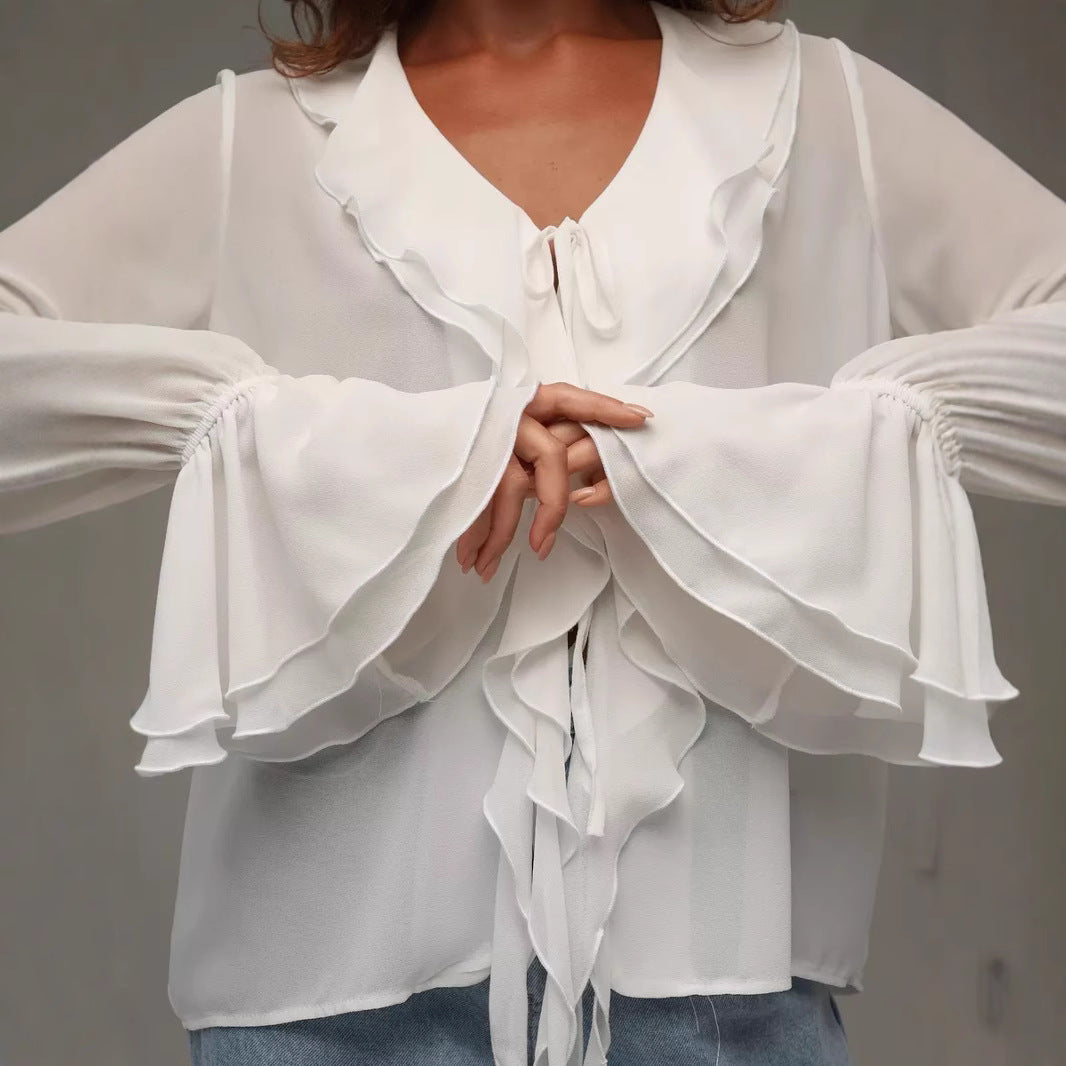 White Ruffled Tie Up Top