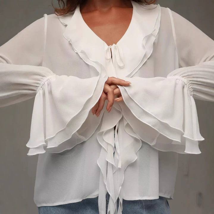 White Ruffled Tie Up Top