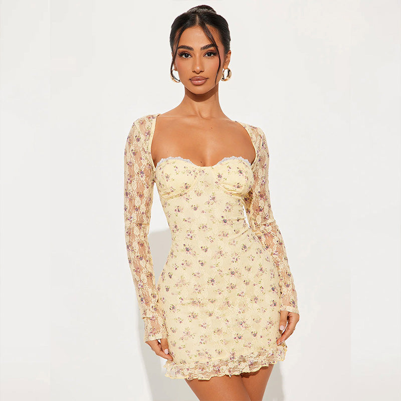 Yellow Floral Print Sweatheart Neck Full Sleeves Mini Dress