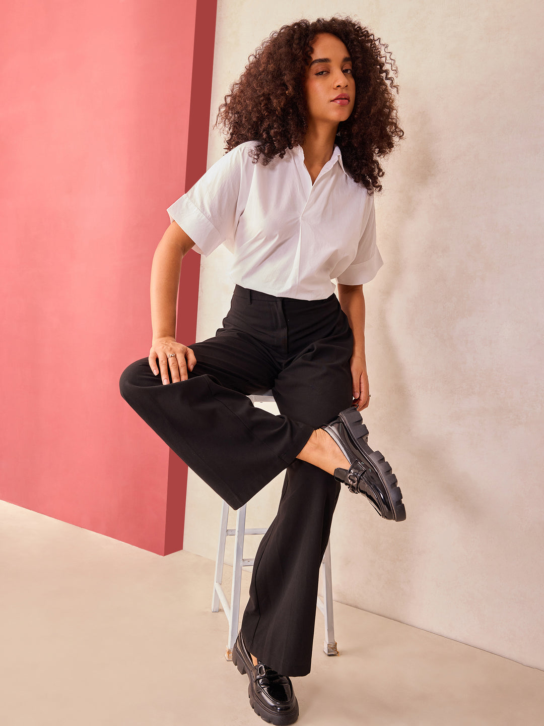 White Beige Boxy Shirt With Rolled Short Sleeves